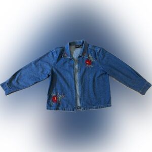 Vintage Zip-Up Denim Shirt Jacket with Red Embroidery